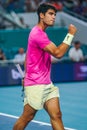 Carlos Alcaraz of Spain in action during quarter-final match against Taylor Fritz of United States at 2023 Miami Open