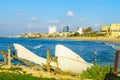 Carmel Coast, with a surfer, in Haifa Royalty Free Stock Photo