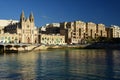 Carmelite Church dominating the skyline at Balluta Bay, St Julian`s, Malta