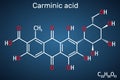Carminic acid molecule. Structural chemical formula on the dark blue background. Vector illustration