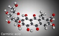 Carminic acid molecule. .It is used in foods, pharmaceuticals. Molecular model. 3D rendering