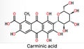 Carminic acid molecule. It is used in foods, pharmaceuticals. Skeletal chemical formula