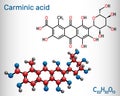 Carminic acid molecule. It is used in foods, pharmaceuticals. Structural chemical formula and molecule model