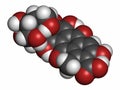 Carminic acid pigment molecule. Occurs naturally in cochineal (scale insect). 3D rendering. Atoms are represented as spheres with