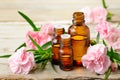 Carnation absolute essential oil and pink flowers on the wooden table Royalty Free Stock Photo