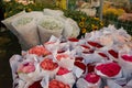 Carnation and babysbreath for sale at flower market in Chengdu.