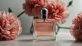 a carnation flower and beautiful glass for womens perfume bottle on plain white ai generated Royalty Free Stock Photo