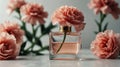 a carnation flower and beautiful glass for womens perfume bottle on plain white ai generated Royalty Free Stock Photo
