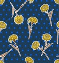 Carnation flowers seamless pattern vector on modern navy blue polka dots and blue spots background design Royalty Free Stock Photo