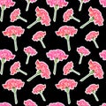 Carnation flowers with sticker effect on dark background, watercolor hand-drawn illustration, seamless pattern