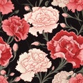 Carnation Vector Pattern: Seamless Red Carnations On Black Background Royalty Free Stock Photo