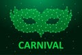 Carnaval mask low poly in green color. Brazil carnival holiday banner for Mardi Gras with polygonal wireframe mesh. Vector.