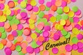 Carnaval party background concept. Space for text, copyspace. Written the words: Carnival! Royalty Free Stock Photo
