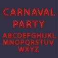 Carnaval party. Set of red alphabet from English letters with luminous glowing lightbulbs. ABC vector typography words design.
