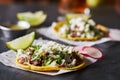 Carne asada mexican tacos with crumbled queso fresco cheese