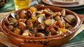 Carne de Porco Ã  Alentejana Traditional Portuguese Dish. Marinated Pork Cooked With Clams, Potatoes And Spices