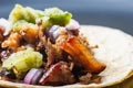 Carnitas tacos with raw salsa verde, Mexican food