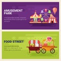 Vector illustration of horizontal banners for amusement park carnival with carousel Royalty Free Stock Photo