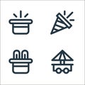 carnival and amusement line icons. linear set. quality vector line set such as food stall, magic, confetti