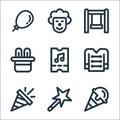 carnival and amusement line icons. linear set. quality vector line set such as ice cream, magic wand, confetti, uniform, concert