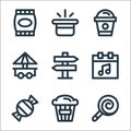 carnival and amusement line icons. linear set. quality vector line set such as lollipop, popcorn, candy, calendar, , food stall,