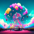 Carnival, amusement park with ferris wheel and people. 3d illustration Generative AI