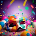 Carnival background with mask, serpentine and confetti. Happy Purim realistic festive party composition