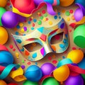Carnival background with mask, serpentine and confetti. Happy Purim realistic festive party composition
