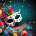 Carnival background with mask, serpentine and confetti. Happy Purim realistic festive party composition