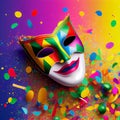 Carnival background with mask, serpentine and confetti. Happy Purim realistic festive party composition