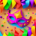 Carnival background with mask, serpentine and confetti. Happy Purim realistic festive party composition