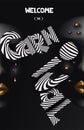 CARNIVAL BACKGROUND WITH STRIPED LETTERS AND BLACK MASKS.