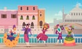 Carnival background. Venetian entertainment fashioned characters dancing in beautiful costumes and masks exact vector