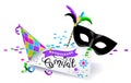 Carnival banner. Black carnival mask with colorful feathers, multicolored hat and sheet of paper with the calligraphic inscri Royalty Free Stock Photo
