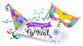 Carnival banner. Colorful carnival mask with colorful feathers, multicolored hat and sheet of paper with the calligraphic inscript