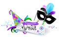 Carnival banner. Colorful carnival mask with colorful feathers, multicolored hat and sheet of paper with the calligraphic inscript