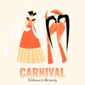 Carnival banner with funny character in traditional Italian costumes on stilts
