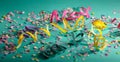 Carnival or birthday party, confetti and serpentines on bright green background Royalty Free Stock Photo