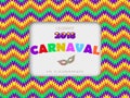 Carnival card fanfare with a square frame, masks on a colorful modern geometric background.Place for your text.