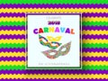 Carnival card fanfare with a square frame, masks on a colorful modern geometric background.Place for your text.