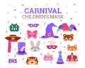 Carnival children's masks set, cute animal Halloween masks - cartoon flat vector illustration isolated on white. Royalty Free Stock Photo