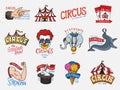 Carnival Circus badge. Harlequin with animals. clown and elephant, ice cream, magic focus in the tent. funnyman funster Royalty Free Stock Photo