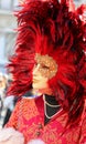 Carnival costume with a plethora of red feathers and an unrecognizable face during the Venetian fairytale party