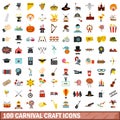 100 carnival craft icons set, flat style