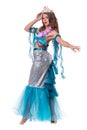 Carnival dancer woman dressed as a mermaid posing, isolated on white