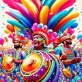 Carnival dancers and musicians in colourful costumes at the annual Carnaval de la Frontera parade in Caceres, Spain. AI generated