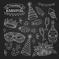 Carnival elements collection in doodle style on black background