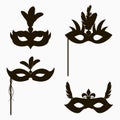 Carnival face masks icons. Set of isolated silhouette decoration for masquerade party with feathers and handle. Vector.