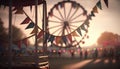 Carnival fair with colorful flags and ferris wheel at sunset Royalty Free Stock Photo