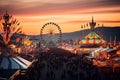 Carnival at the fairground at sunset. Aerial view, AI Generated Royalty Free Stock Photo